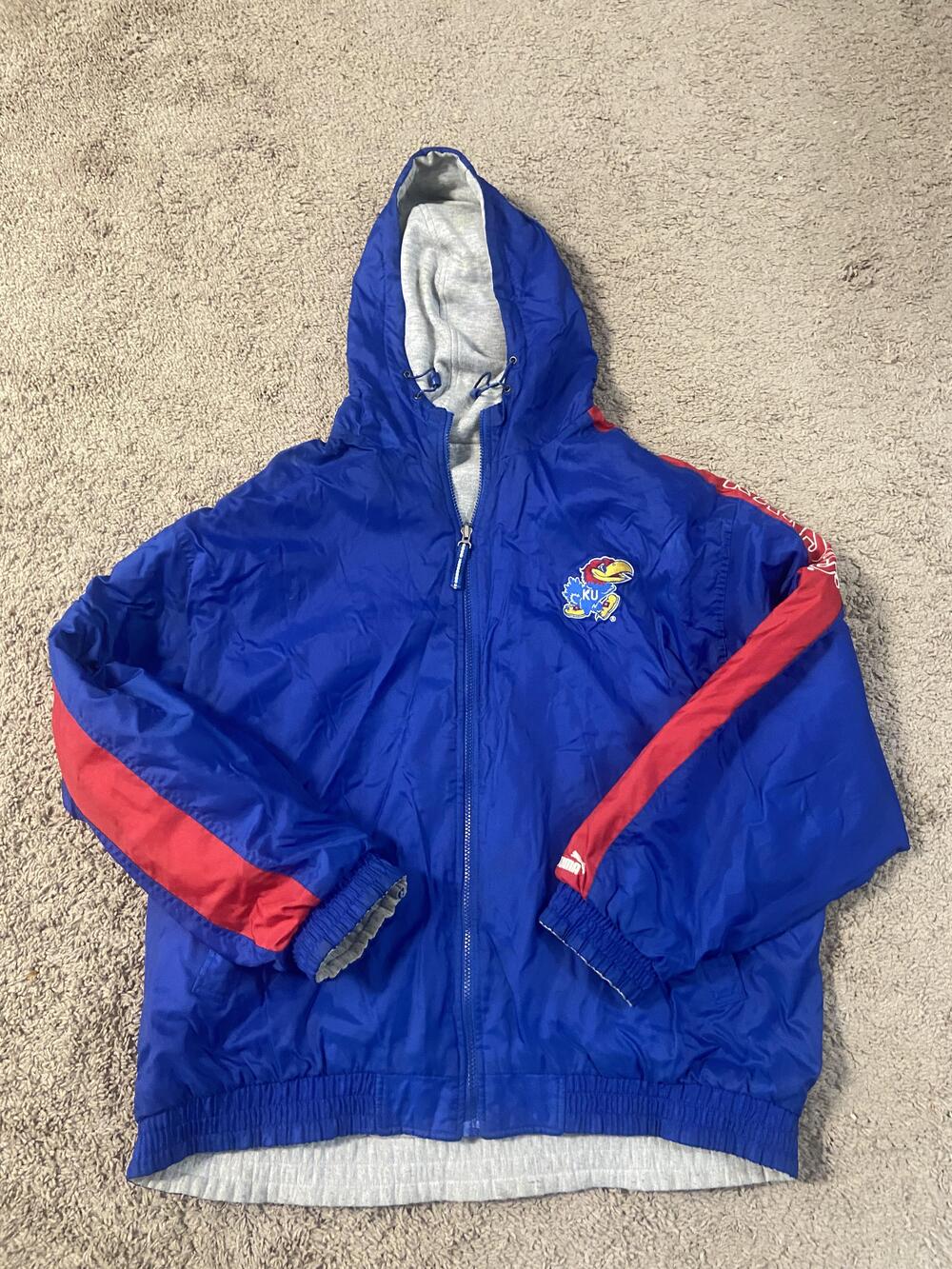 Kansas Jayhawks Jacket Mens Blue Red NCAA College Basketball Hooded Zip Lined